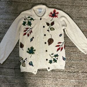 Alfred Dunner Cream Cardigan with Leaf Motif
